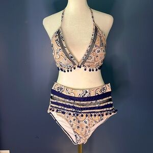 Ladies 2 piece bathing suit with ball fringe see through mesh trim paisley coral